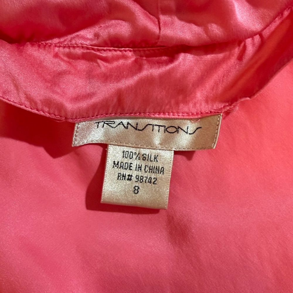 Short Sleeve Silk Blouse coral pink size 8 ruffles v-neck - Picture 2 of 9